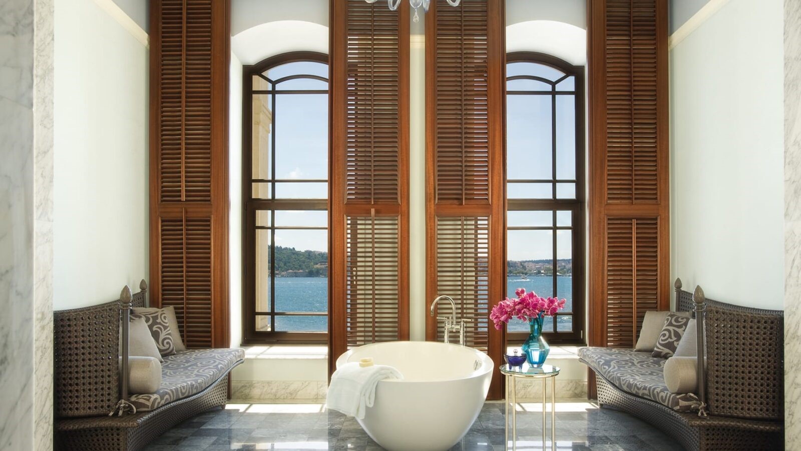 A luxurious bathroom with a view of the Bosphorus at Four Seasons Hotel Istanbul at the Bosphorus, Türkiye. (Photo via Four Seasons Hotel)